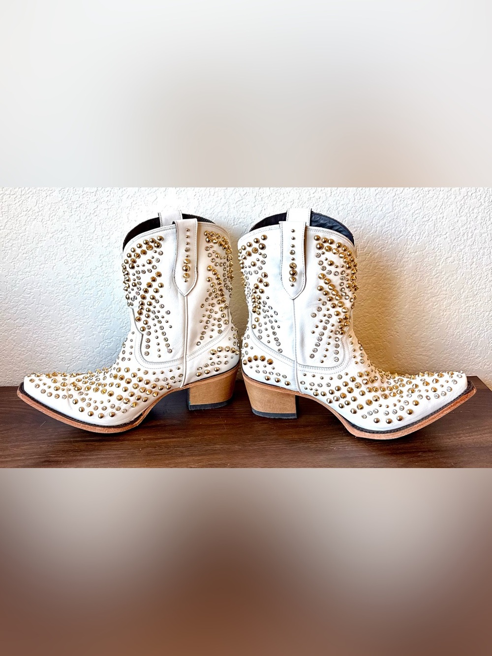White Studded Lane Boots Dolly Western Ankle Boots with Gold Accents